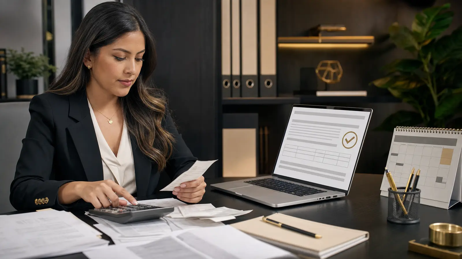 Profesional revisando comprobantes y una declaración tributaria digital