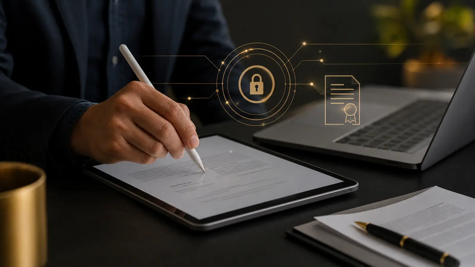 Profesional firmando un documento electrónico seguro en una tableta